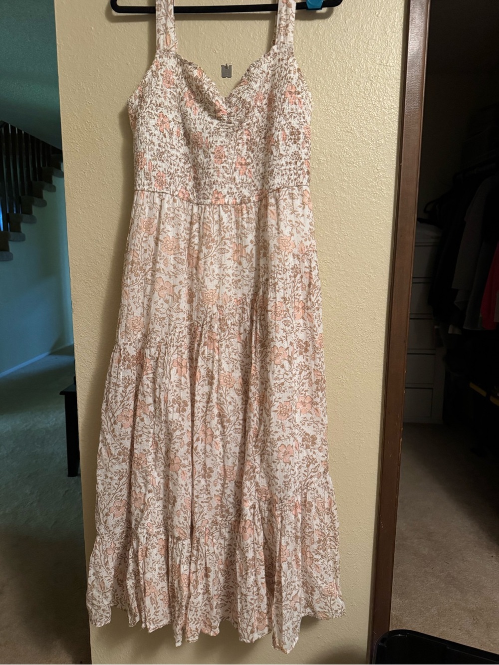American Eagle Outfitters Cream Maxi Dress with Peach Floral Pattern